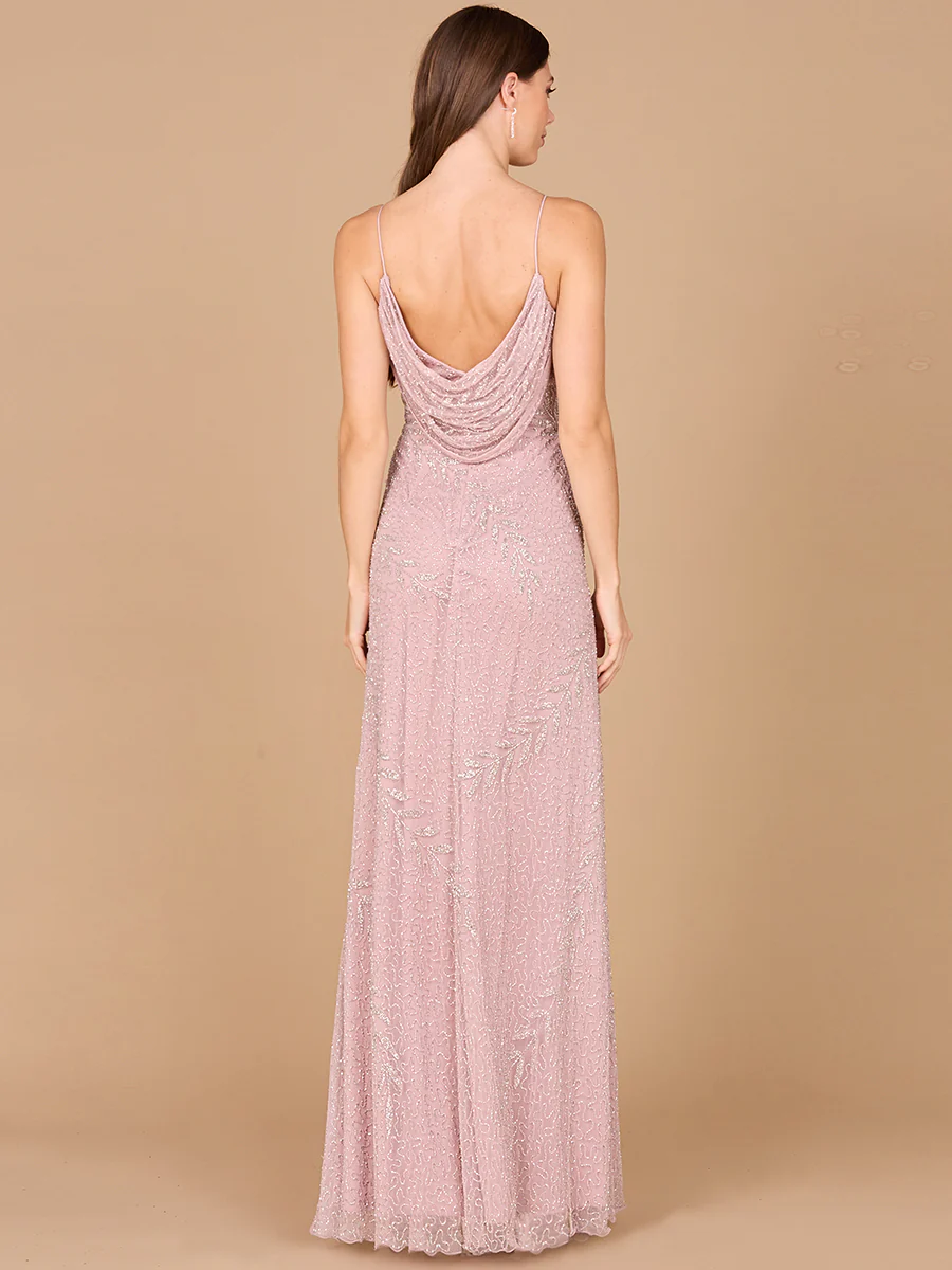 Beaded Spaghetti Strap Navy Full-Length Gown - Image 5